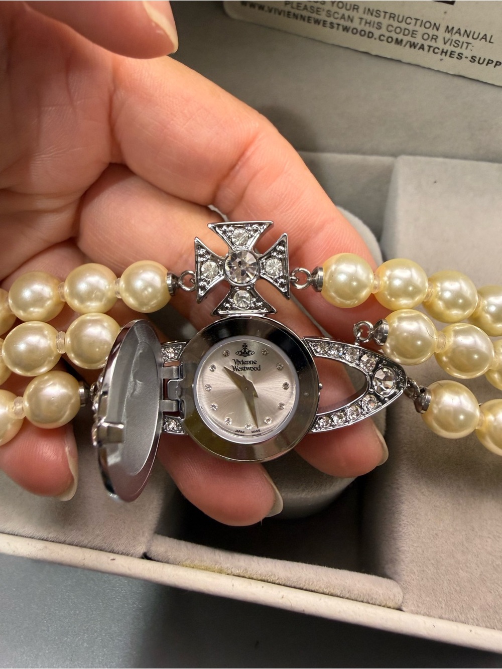 Pearl Bracelet Watch with Silver-Tone Crystal Accents